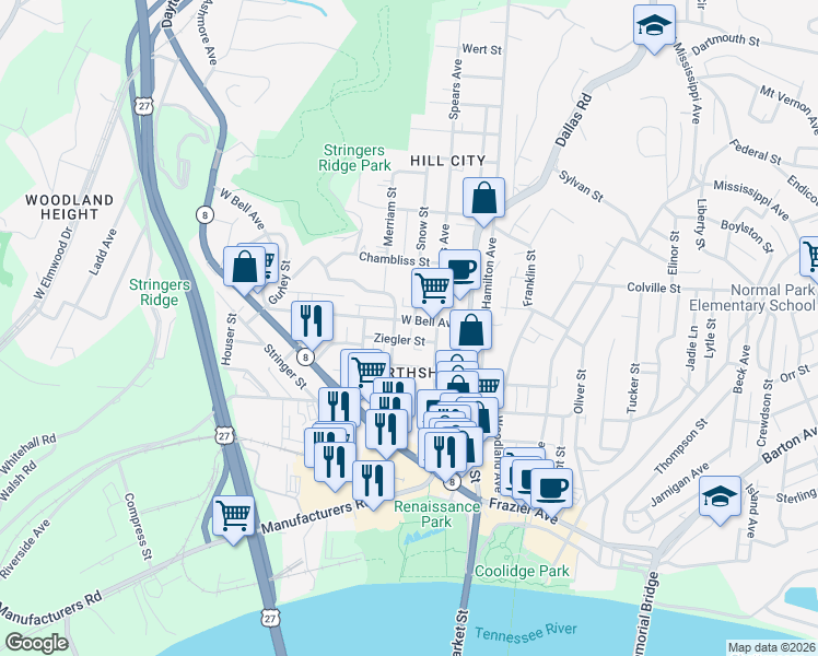 map of restaurants, bars, coffee shops, grocery stores, and more near 600 Snow Street in Chattanooga