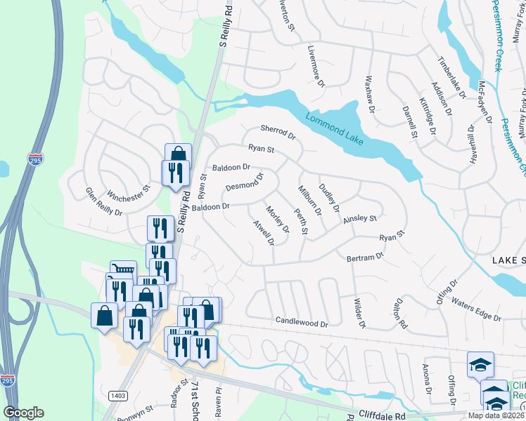 map of restaurants, bars, coffee shops, grocery stores, and more near 6705 Baldoon Drive in Fayetteville