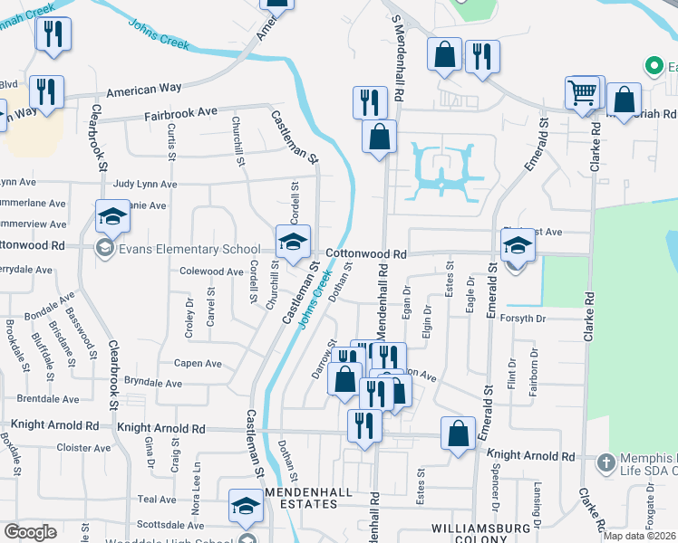 map of restaurants, bars, coffee shops, grocery stores, and more near 2945 Dothan Street in Memphis