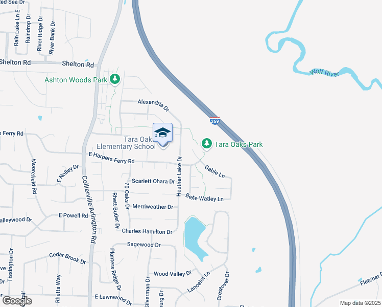 map of restaurants, bars, coffee shops, grocery stores, and more near 1049 Travelers Cove in Collierville