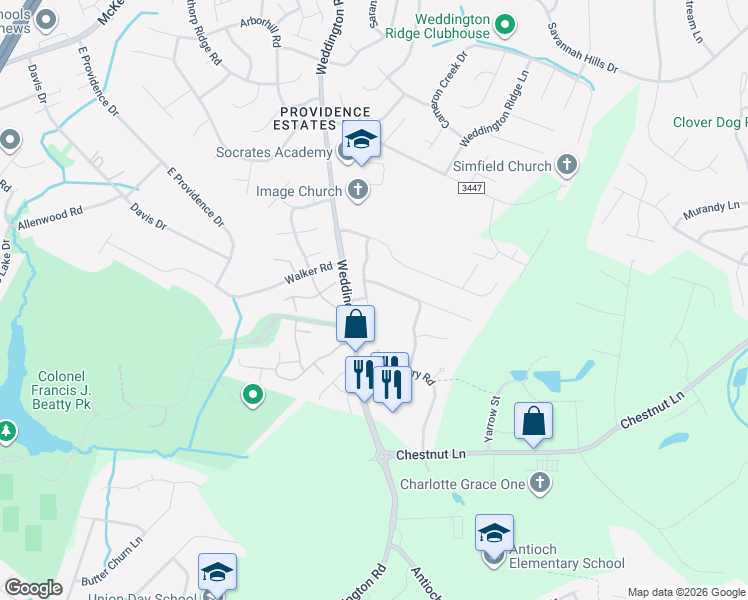 map of restaurants, bars, coffee shops, grocery stores, and more near 4303 Mccamey Drive in Matthews
