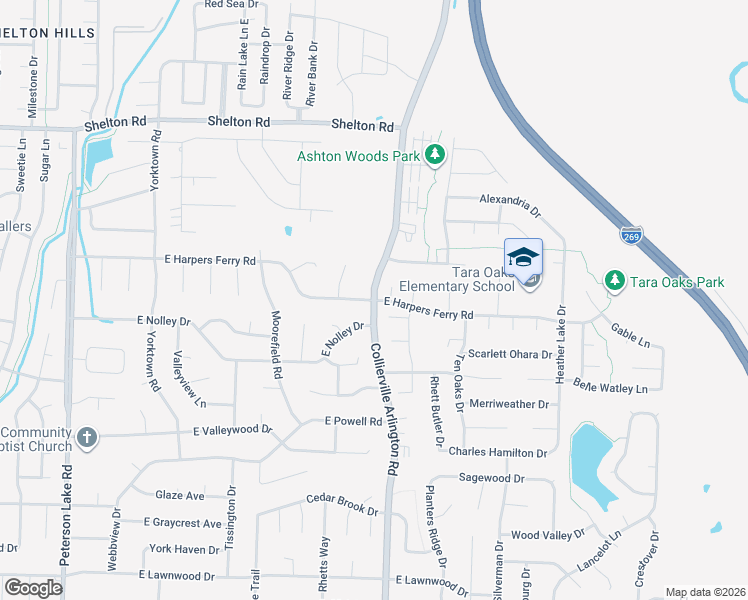 map of restaurants, bars, coffee shops, grocery stores, and more near 280 East Harpers Ferry Road in Collierville