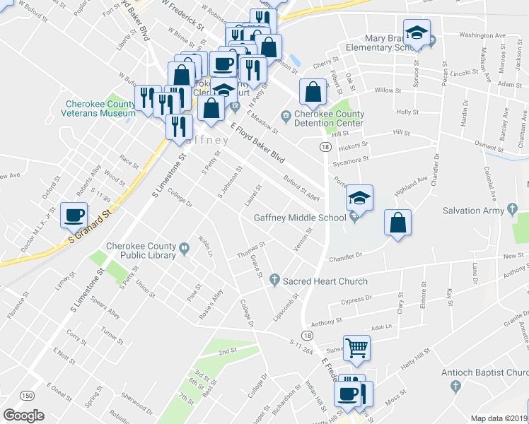 map of restaurants, bars, coffee shops, grocery stores, and more near 406 East Jefferies Street in Gaffney
