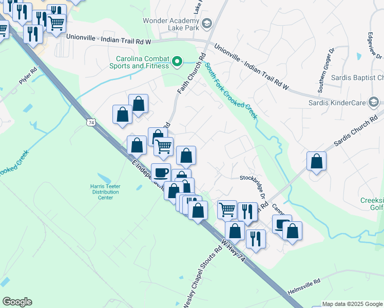 map of restaurants, bars, coffee shops, grocery stores, and more near 1403 Cottage Creek Road in Indian Trail
