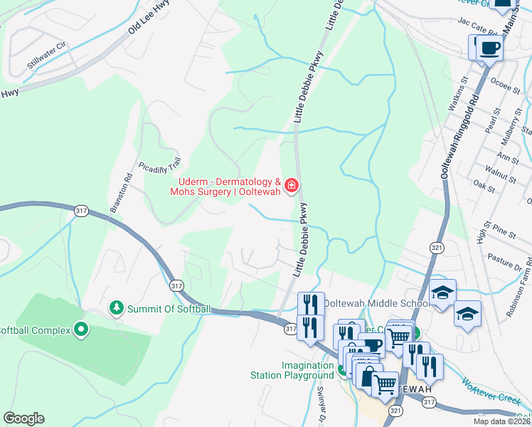 map of restaurants, bars, coffee shops, grocery stores, and more near Kellogg Creek Trail in Ooltewah