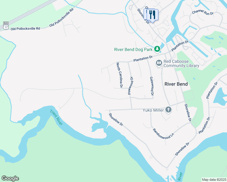 map of restaurants, bars, coffee shops, grocery stores, and more near 111 New Hampshire Lane in New Bern
