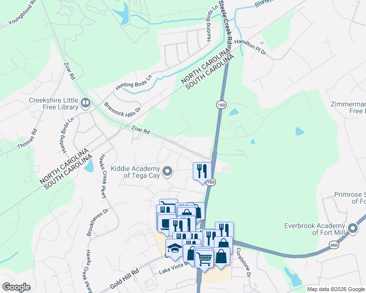 map of restaurants, bars, coffee shops, grocery stores, and more near 1791 Zoar Road in Fort Mill