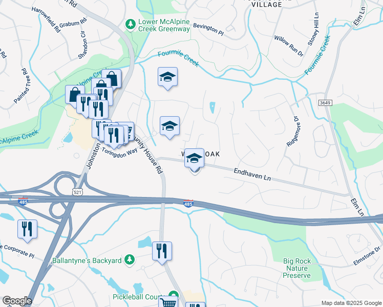 map of restaurants, bars, coffee shops, grocery stores, and more near 10514 Misty Ridge Lane in Charlotte