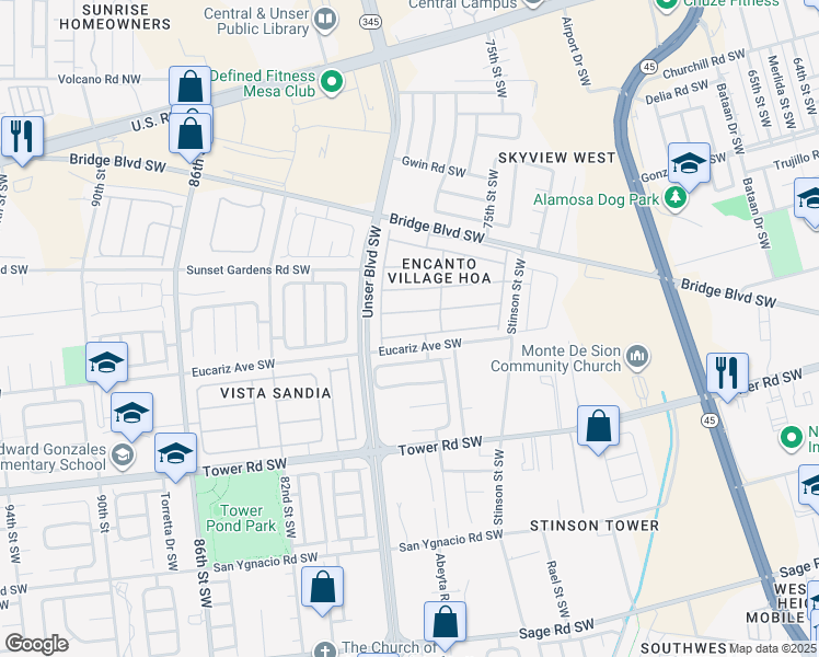 map of restaurants, bars, coffee shops, grocery stores, and more near 7616 Via Serenita Southwest in Albuquerque