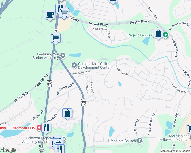 map of restaurants, bars, coffee shops, grocery stores, and more near 254 Heritage Boulevard in Fort Mill