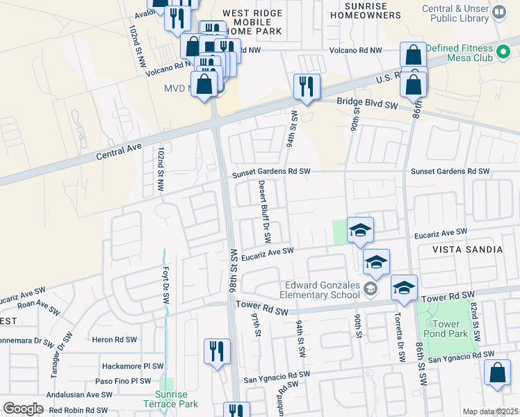 map of restaurants, bars, coffee shops, grocery stores, and more near 439 Desert Bluff Drive Southwest in Albuquerque