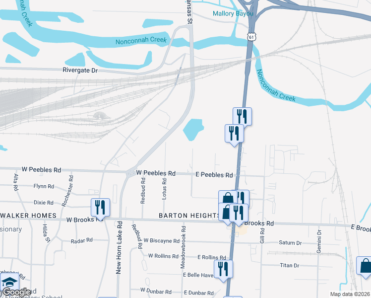 map of restaurants, bars, coffee shops, grocery stores, and more near 2943 Meadowbrook Road in Memphis