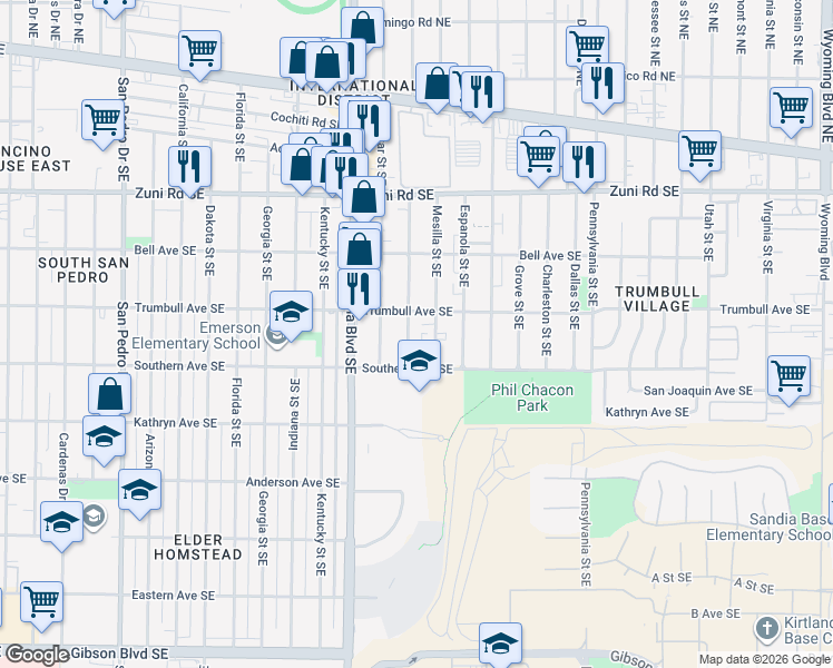 map of restaurants, bars, coffee shops, grocery stores, and more near 613 Mesilla Street Southeast in Albuquerque