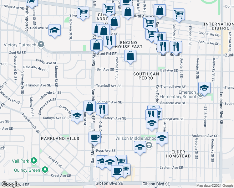 map of restaurants, bars, coffee shops, grocery stores, and more near 816 Palomas Drive Southeast in Albuquerque