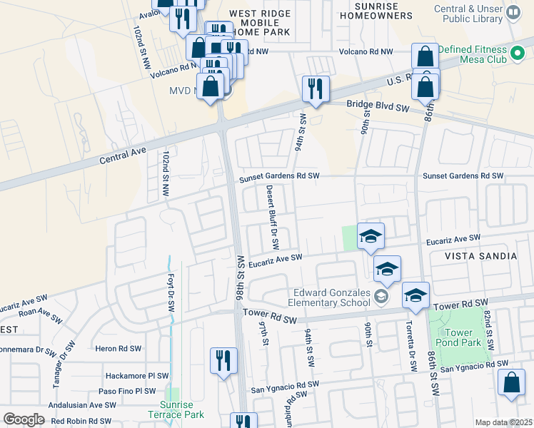 map of restaurants, bars, coffee shops, grocery stores, and more near 439 Desert Bluff Drive Southwest in Albuquerque