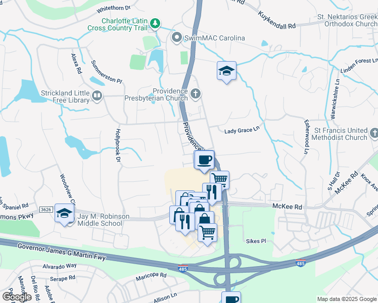 map of restaurants, bars, coffee shops, grocery stores, and more near 5127 Berkeley Greene Drive in Charlotte