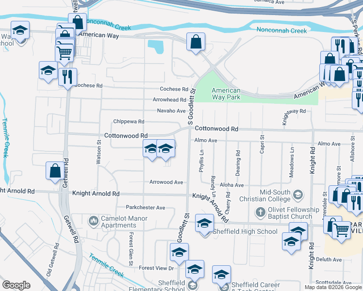 map of restaurants, bars, coffee shops, grocery stores, and more near 4229 Kenosha Road in Memphis