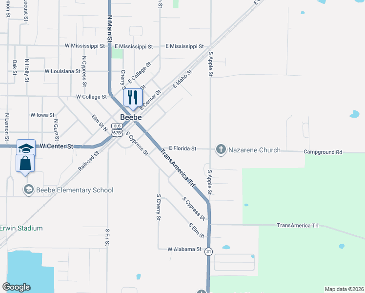 map of restaurants, bars, coffee shops, grocery stores, and more near 116 East Florida Street in Beebe