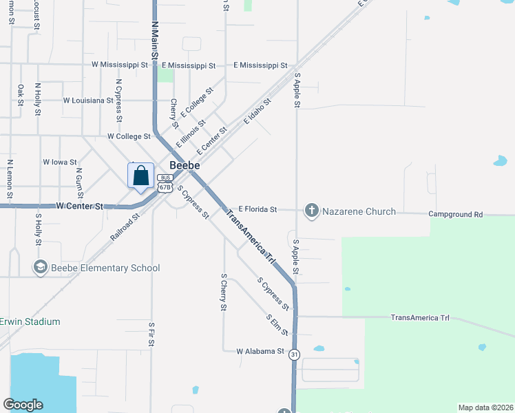 map of restaurants, bars, coffee shops, grocery stores, and more near 116 East Florida Street in Beebe