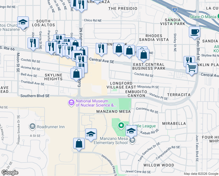 map of restaurants, bars, coffee shops, grocery stores, and more near 319 Cascabel Tr Southeast in Albuquerque