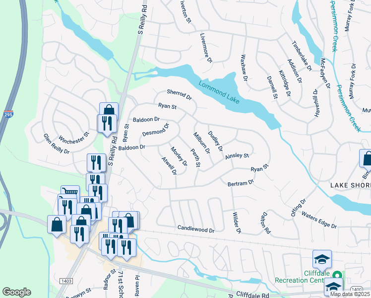 map of restaurants, bars, coffee shops, grocery stores, and more near 418 Perth Street in Fayetteville