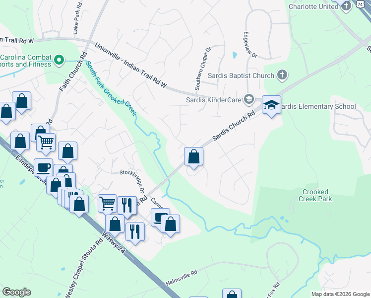 map of restaurants, bars, coffee shops, grocery stores, and more near 5820 Brick Landing Drive in Monroe