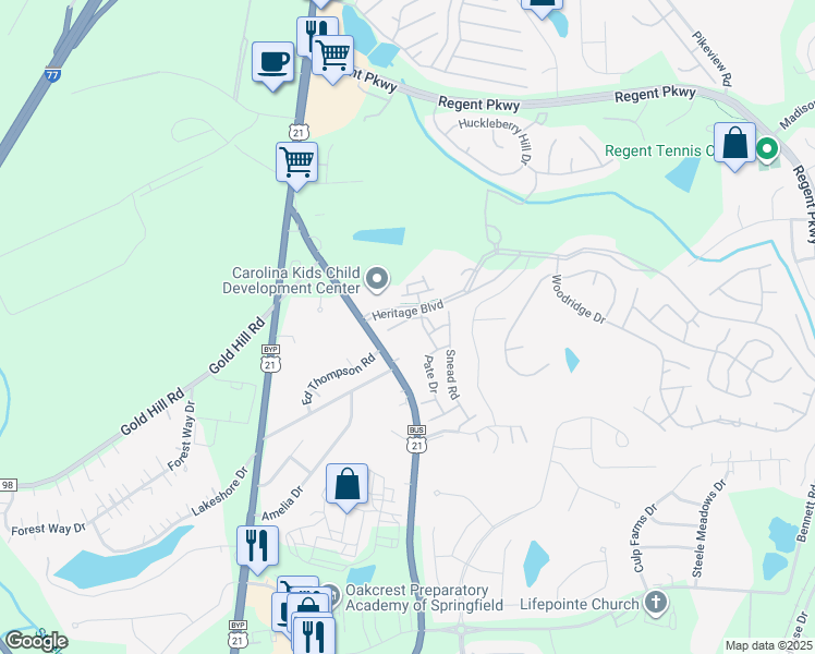 map of restaurants, bars, coffee shops, grocery stores, and more near 823 Daly Circle in Fort Mill