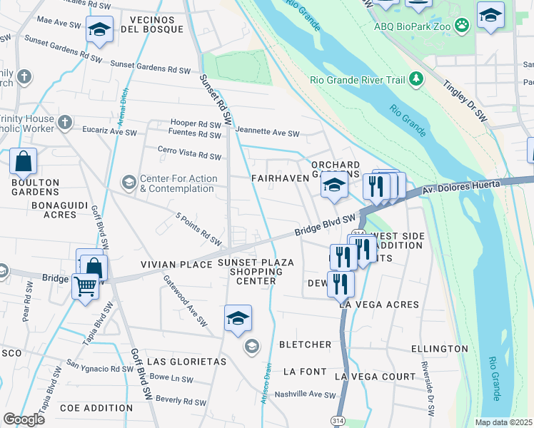 map of restaurants, bars, coffee shops, grocery stores, and more near 1369 Young Avenue Southwest in Albuquerque