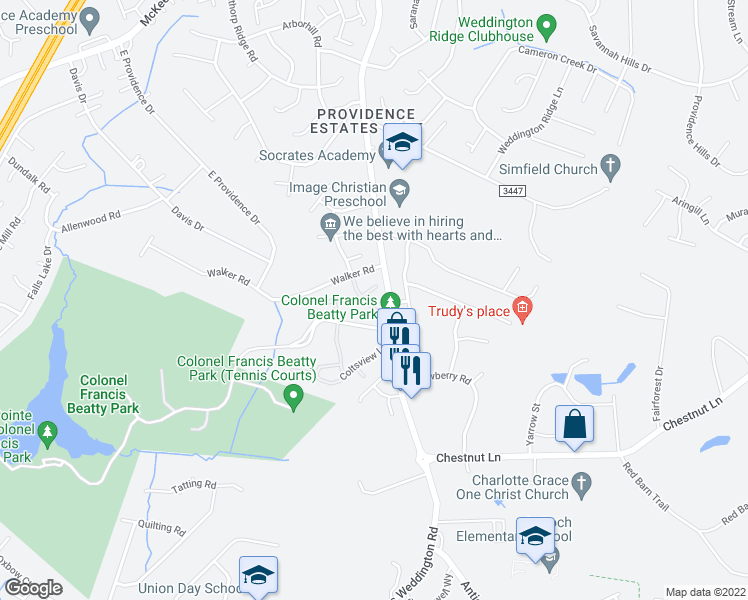 map of restaurants, bars, coffee shops, grocery stores, and more near 4309 Toddington Lane in Matthews