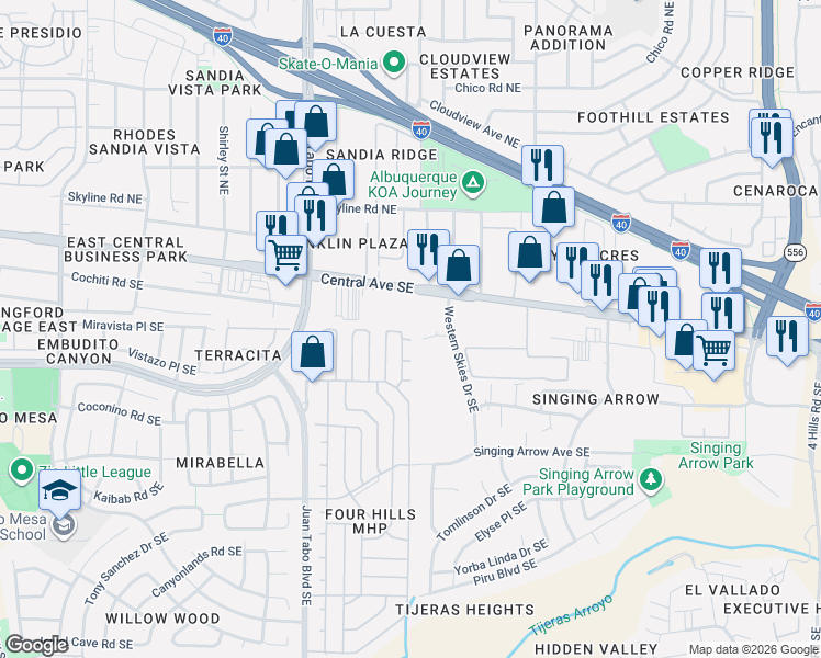 map of restaurants, bars, coffee shops, grocery stores, and more near 213 Hanosh Court Southeast in Albuquerque