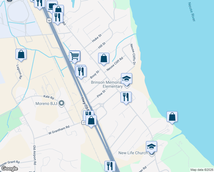 map of restaurants, bars, coffee shops, grocery stores, and more near 405 Church Road in New Bern