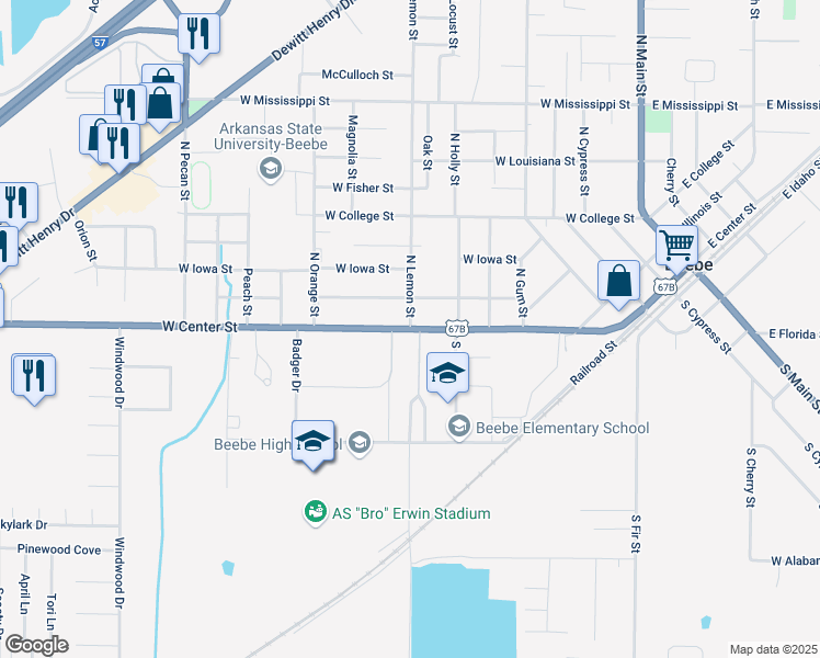 map of restaurants, bars, coffee shops, grocery stores, and more near 809 West Center Street in Beebe