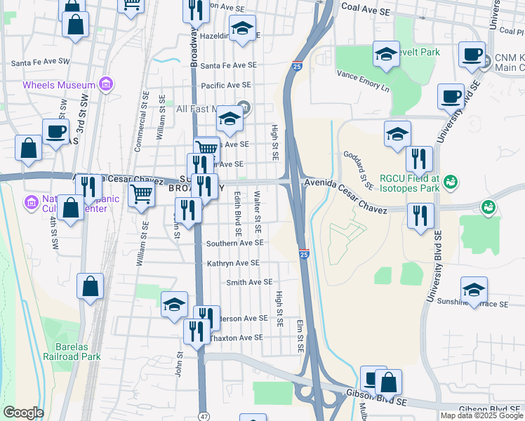 map of restaurants, bars, coffee shops, grocery stores, and more near 1500 Walter Street Southeast in Albuquerque