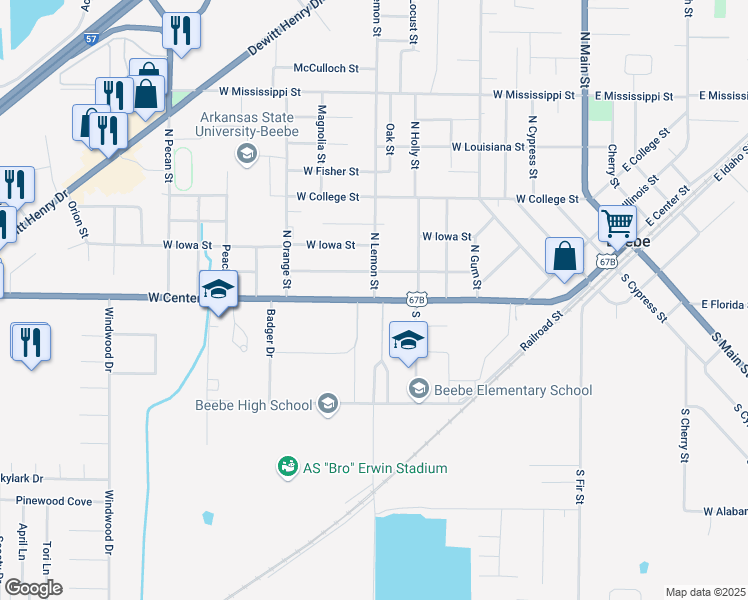 map of restaurants, bars, coffee shops, grocery stores, and more near 809 West Center Street in Beebe