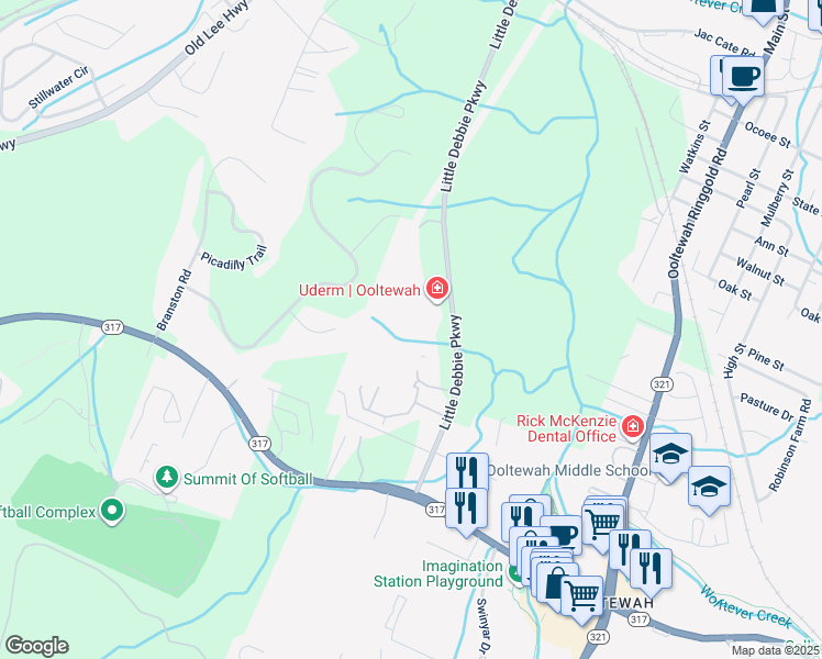 map of restaurants, bars, coffee shops, grocery stores, and more near 9198 Integra Hills Lane in Collegedale