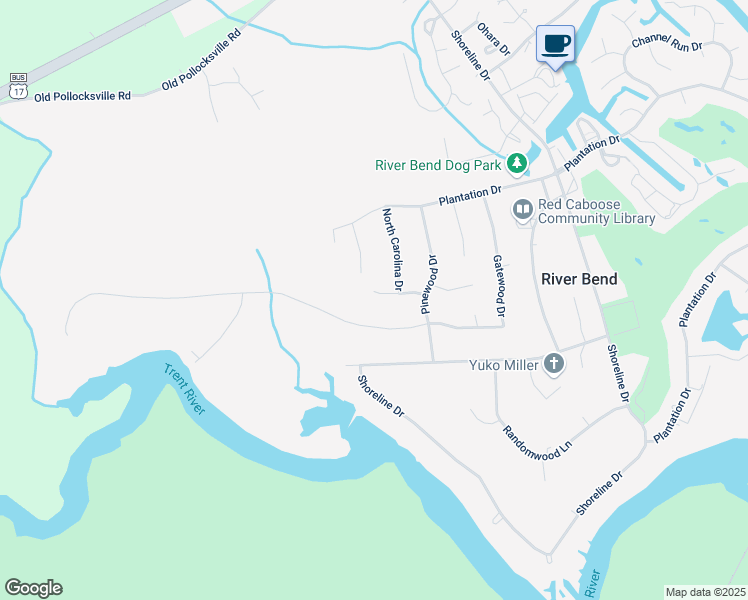 map of restaurants, bars, coffee shops, grocery stores, and more near 111 New Hampshire Lane in New Bern