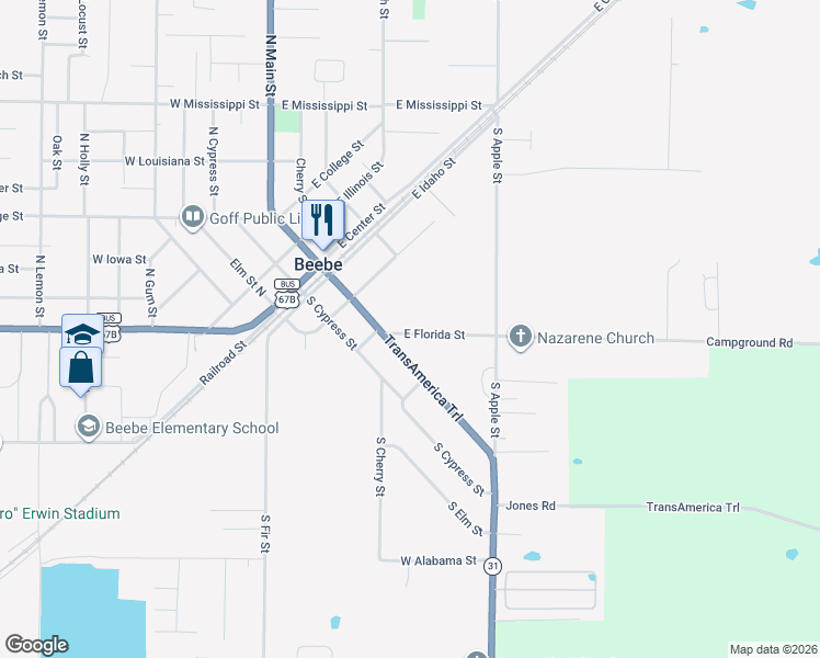 map of restaurants, bars, coffee shops, grocery stores, and more near 213 South Main Street in Beebe