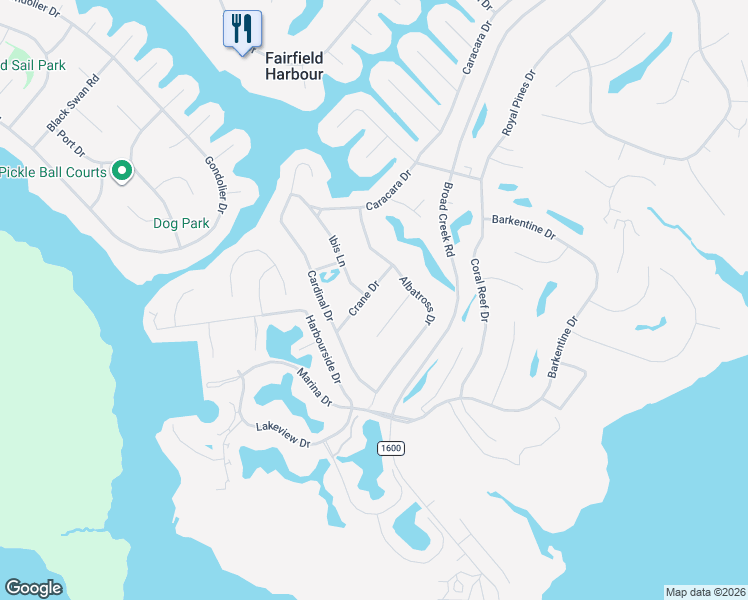 map of restaurants, bars, coffee shops, grocery stores, and more near 6207 Ibis Lane in New Bern