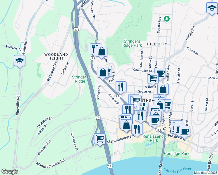 map of restaurants, bars, coffee shops, grocery stores, and more near 538 Cherokee Boulevard in Chattanooga