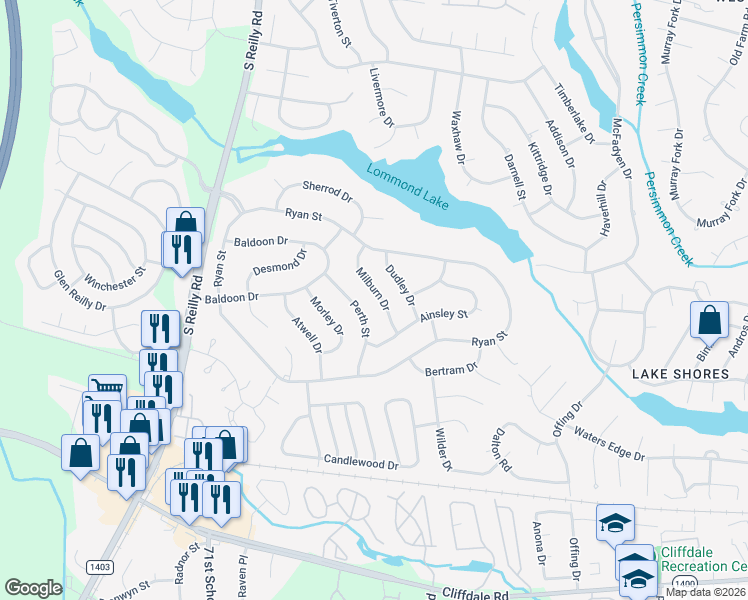 map of restaurants, bars, coffee shops, grocery stores, and more near 330 Milburn Drive in Fayetteville