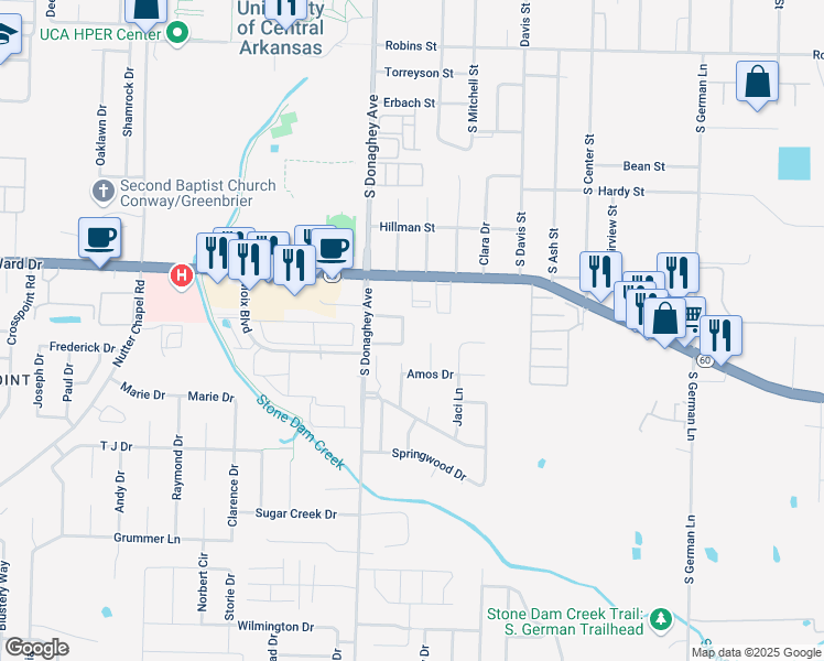 map of restaurants, bars, coffee shops, grocery stores, and more near 2044 Silver Springs Circle in Conway