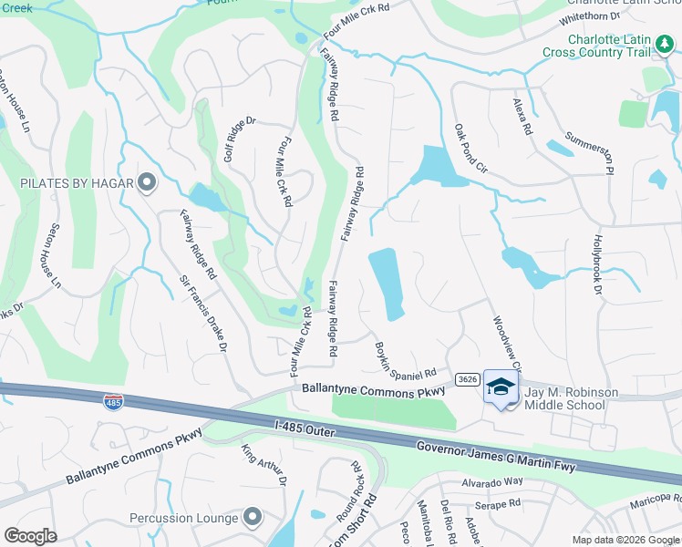 map of restaurants, bars, coffee shops, grocery stores, and more near 9800 Fairway Ridge Road in Charlotte