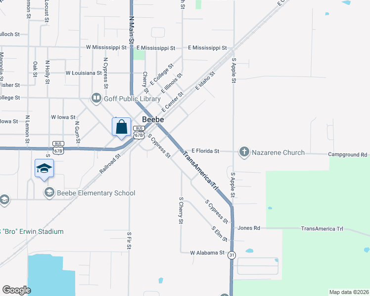 map of restaurants, bars, coffee shops, grocery stores, and more near 213 South Main Street in Beebe
