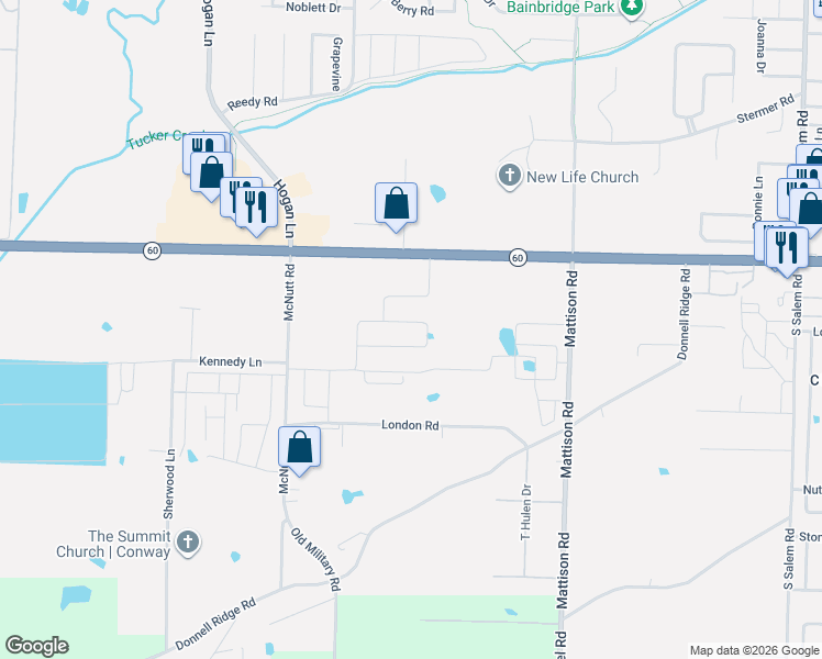 map of restaurants, bars, coffee shops, grocery stores, and more near 3333 Dave Ward Drive in Conway