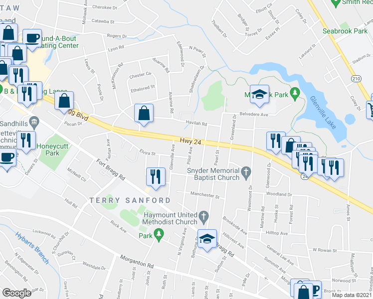 map of restaurants, bars, coffee shops, grocery stores, and more near 705 Pilot Avenue in Fayetteville