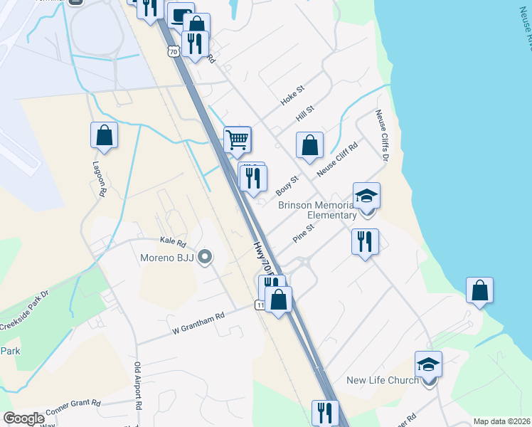 map of restaurants, bars, coffee shops, grocery stores, and more near 425 Bouy Street in New Bern