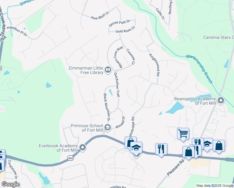map of restaurants, bars, coffee shops, grocery stores, and more near 568 Quicksilver Trail in Fort Mill