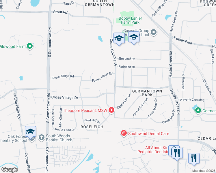 map of restaurants, bars, coffee shops, grocery stores, and more near 2952 Holly Heath Cove in Germantown