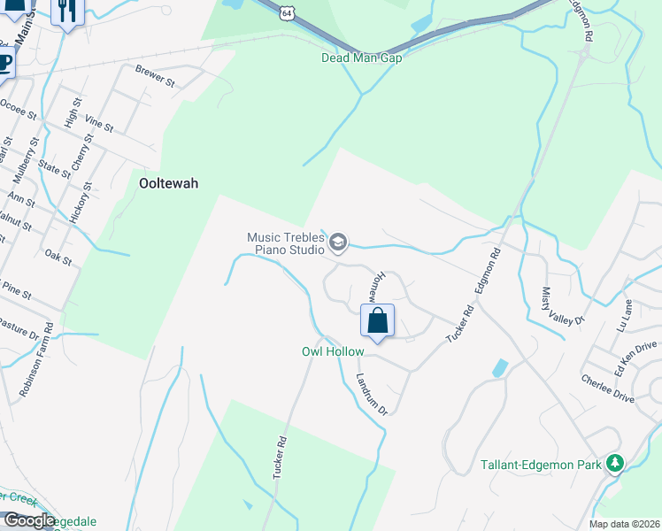 map of restaurants, bars, coffee shops, grocery stores, and more near 5576 Jonquil Lane in Ooltewah