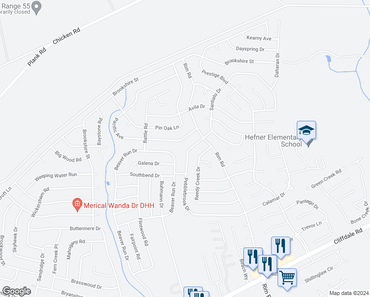 map of restaurants, bars, coffee shops, grocery stores, and more near 7345 Pebblebrook Drive in Fayetteville